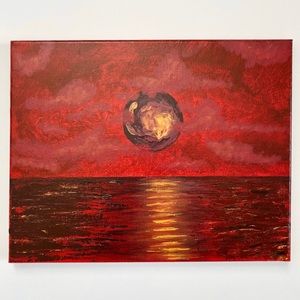 LAST CHANCE SALE!ORIGINAL SUNSET SEASCAPE Canvas Painting Red Moon Ocean 14x11